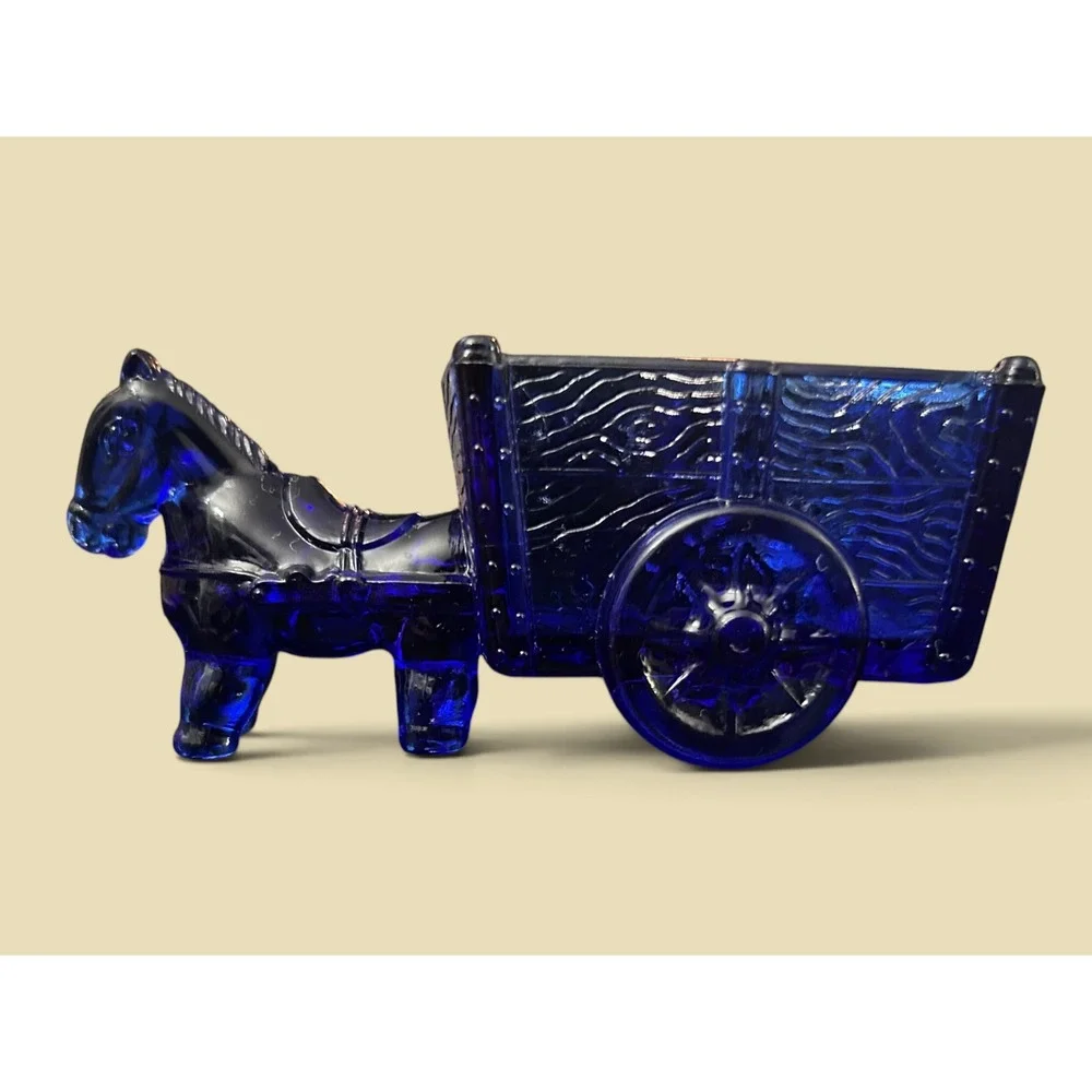 Vintage Jeannette Cobalt Blue Glass Donkey & Wood-Grain Wagon Figurine Rare Mini